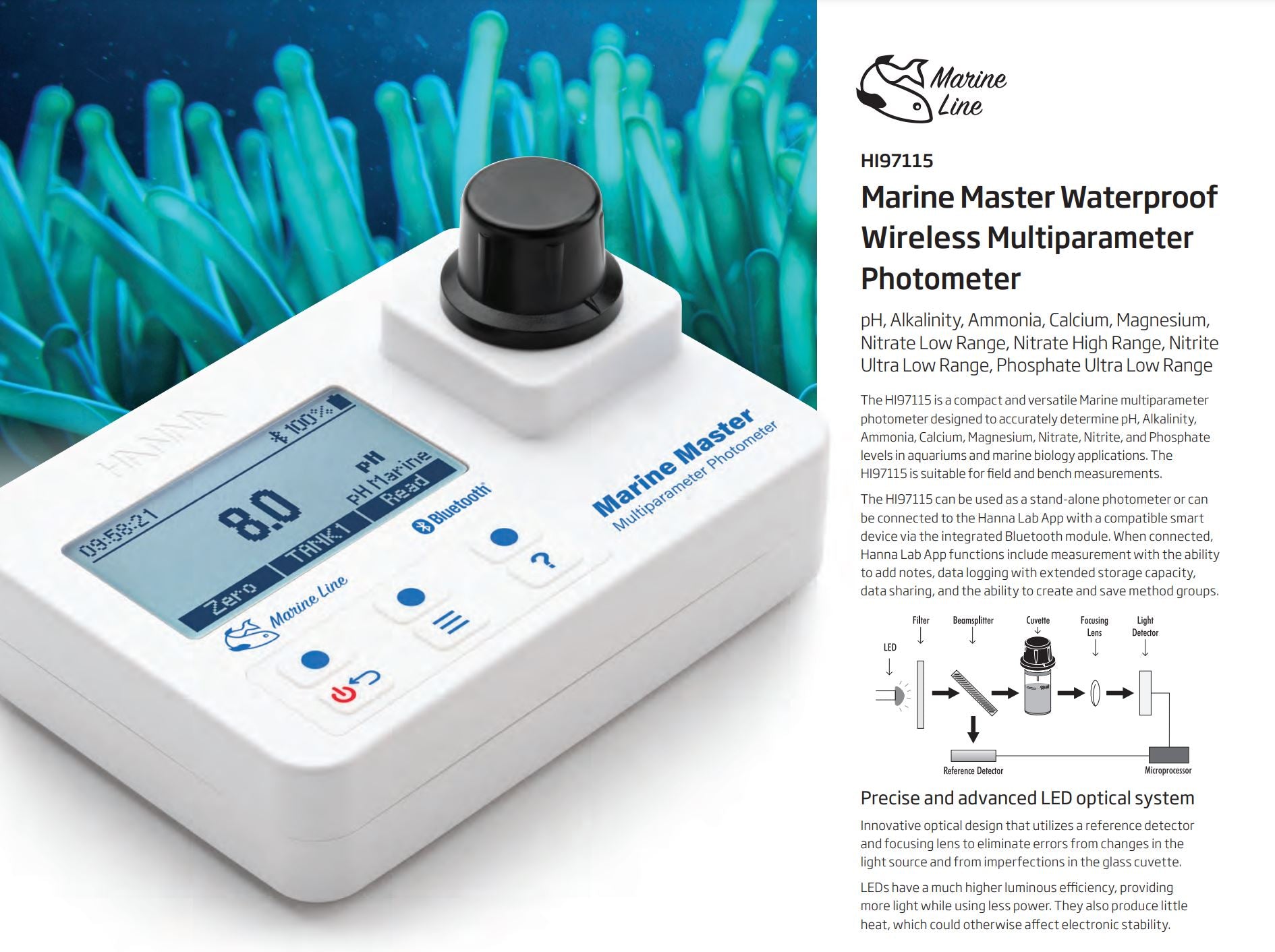 Marine Master HI97115 Multiparameter Photometer - Hanna Instruments - Bluetooth, Mg, Ammonia, and more!